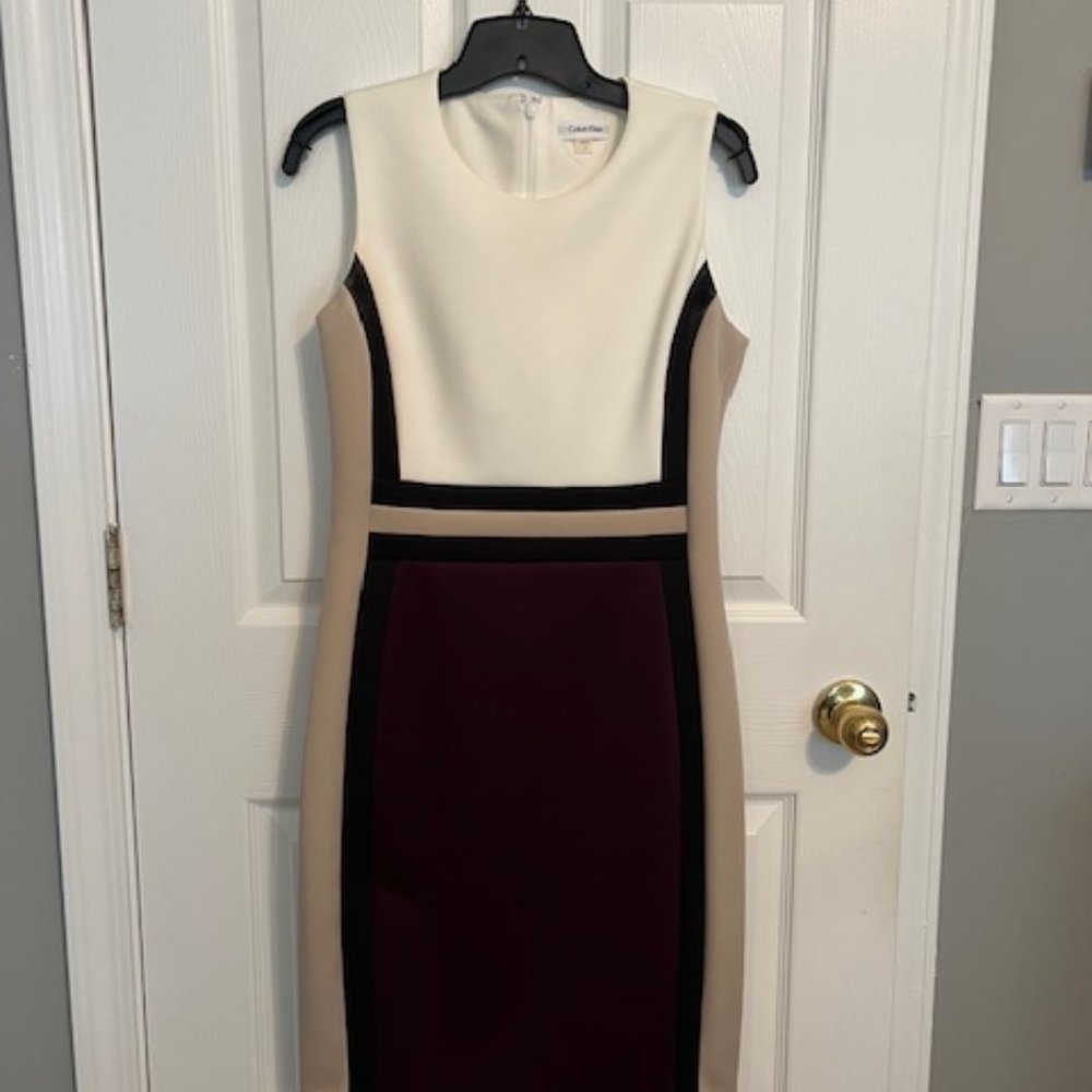 Calvin Klein Ivory, Beige, Black & Burgundy Colorblock Midi Dress